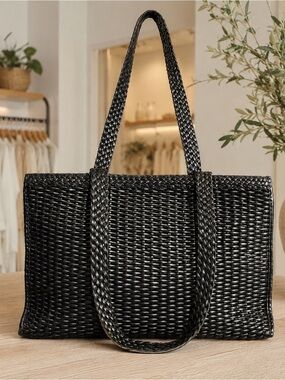 CEM Black Handwoven Leather Tote Bag | Woven Shoulder Bag | Large Satchel